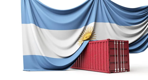 Argentina flagga draperas över en kommersiell handelsfartyg container. 3D-återgivning — Stockfoto