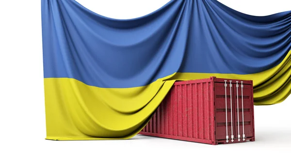 Ukrajinská vlajka přehozená přes obchodní přepravní kontejner. 3D vykreslování — Stock fotografie
