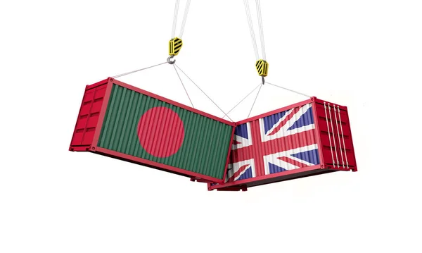 Ηνωμένο Βασίλειο και Μπαγκλαντές εμπορική συμφωνία. Σύγκρουση εμπορευματοκιβωτίων φορτίου. 3D αποτύπωση — Φωτογραφία Αρχείου