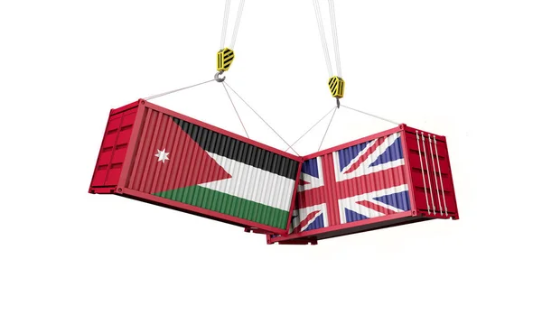 Ηνωμένο Βασίλειο και την Ιορδανία εμπορική συμφωνία. Σύγκρουση εμπορευματοκιβωτίων φορτίου. 3D αποτύπωση — Φωτογραφία Αρχείου