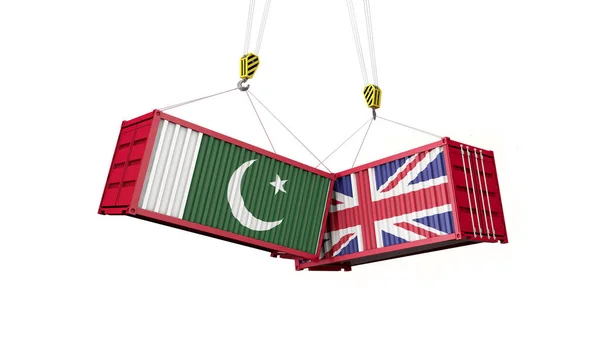 Ηνωμένο Βασίλειο και Πακιστάν εμπορική συμφωνία. Σύγκρουση εμπορευματοκιβωτίων φορτίου. 3D αποτύπωση — Φωτογραφία Αρχείου