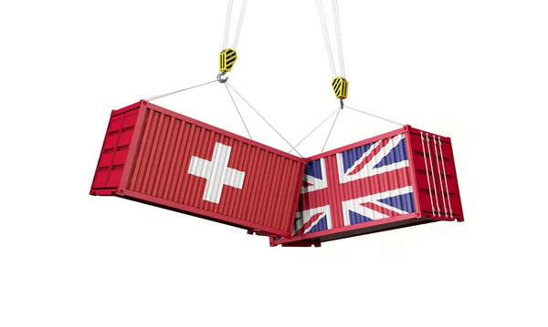 Ηνωμένο Βασίλειο και Ελβετία εμπορική συμφωνία. Σύγκρουση εμπορευματοκιβωτίων φορτίου. 3D αποτύπωση — Φωτογραφία Αρχείου
