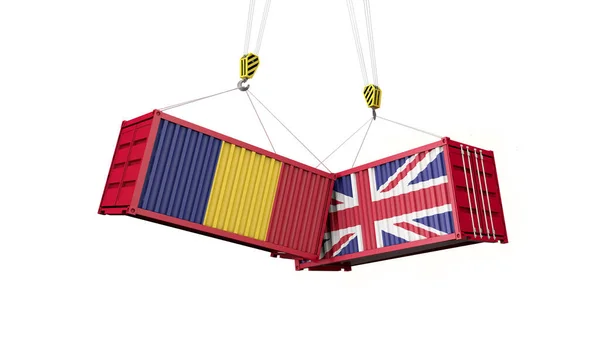 Comércio de negócios do Reino Unido e Roménia. Confronto com contentores. Renderização 3D — Fotografia de Stock