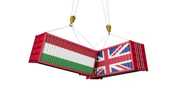 Ηνωμένο Βασίλειο και την Ουγγαρία εμπορική συμφωνία. Σύγκρουση εμπορευματοκιβωτίων φορτίου. 3D αποτύπωση — Φωτογραφία Αρχείου