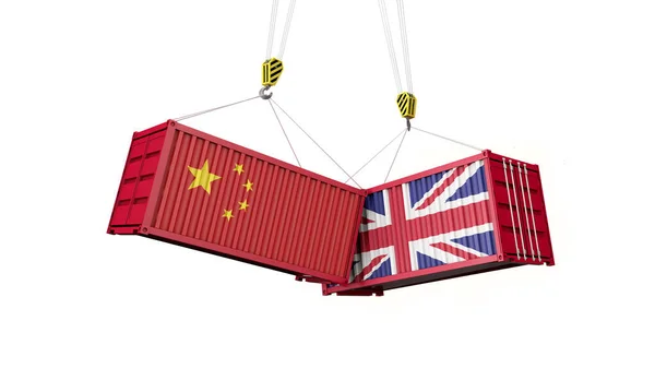 Handelsovereenkomst tussen het Verenigd Koninkrijk en China. Botsende vrachtcontainers. 3D Render — Stockfoto