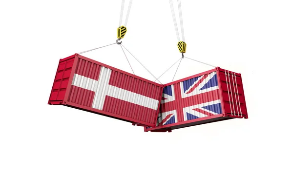 Ηνωμένο Βασίλειο και Δανία εμπορική συμφωνία. Σύγκρουση εμπορευματοκιβωτίων φορτίου. 3D αποτύπωση — Φωτογραφία Αρχείου