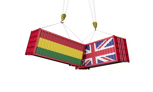 Ηνωμένο Βασίλειο και Βολιβία εμπορική συμφωνία. Σύγκρουση εμπορευματοκιβωτίων φορτίου. 3D αποτύπωση — Φωτογραφία Αρχείου