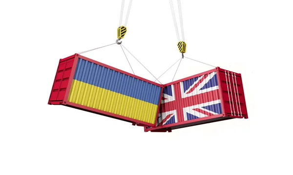 Comércio de negócios do Reino Unido e Ucrânia. Confronto com contentores. Renderização 3D — Fotografia de Stock