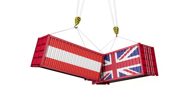 英国とオーストリアの貿易取引。貨物コンテナを洗浄する。3Dレンダリング — ストック写真