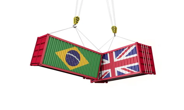 Ηνωμένο Βασίλειο και τη Βραζιλία εμπορική συμφωνία. Σύγκρουση εμπορευματοκιβωτίων φορτίου. 3D αποτύπωση — Φωτογραφία Αρχείου