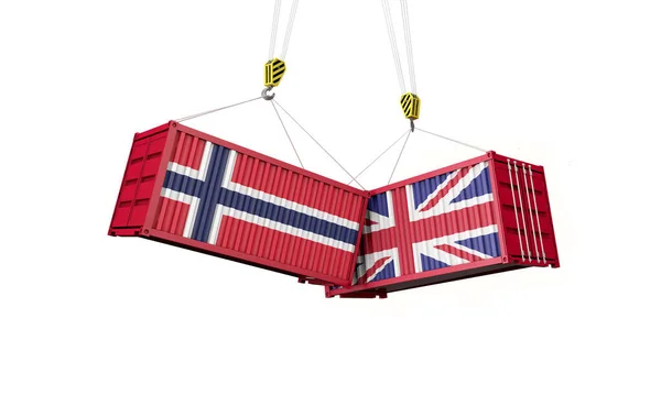 Egyesült Királyság és Norvégia üzleti kereskedelmi megállapodás. Összecsapó konténerek. 3D Render — Stock Fotó