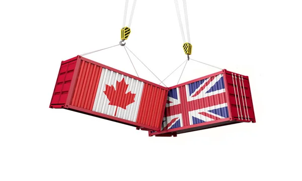 Ηνωμένο Βασίλειο και τον Καναδά εμπορική συμφωνία. Σύγκρουση εμπορευματοκιβωτίων φορτίου. 3D αποτύπωση — Φωτογραφία Αρχείου