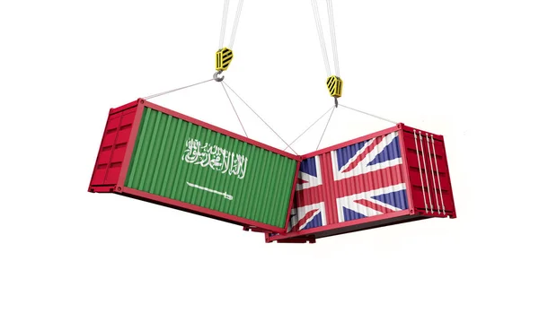 Ηνωμένο Βασίλειο και Σαουδική Αραβία εμπορική συμφωνία. Σύγκρουση εμπορευματοκιβωτίων φορτίου. 3D αποτύπωση — Φωτογραφία Αρχείου