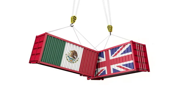 Ηνωμένο Βασίλειο και το Μεξικό εμπορική συμφωνία. Σύγκρουση εμπορευματοκιβωτίων φορτίου. 3D αποτύπωση — Φωτογραφία Αρχείου
