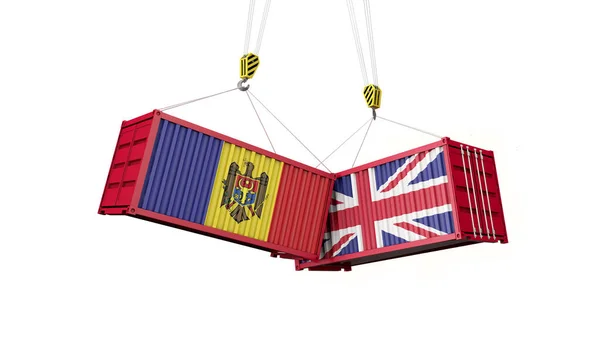 Umowa handlowa między Zjednoczonym Królestwem a Mołdawią. Zderzenie kontenerów. Renderowanie 3D — Zdjęcie stockowe
