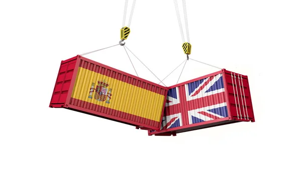 Ηνωμένο Βασίλειο και Ισπανία εμπορική συμφωνία. Σύγκρουση εμπορευματοκιβωτίων φορτίου. 3D αποτύπωση — Φωτογραφία Αρχείου