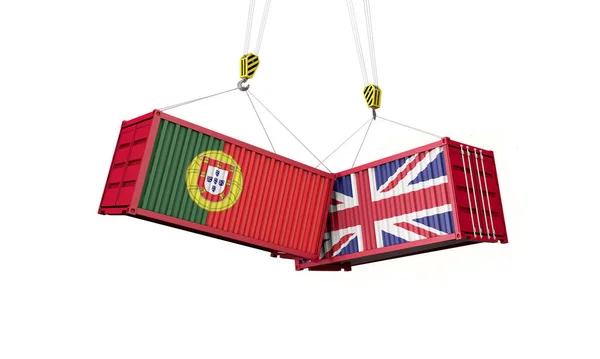 Ηνωμένο Βασίλειο και την Πορτογαλία εμπορική συμφωνία. Σύγκρουση εμπορευματοκιβωτίων φορτίου. 3D αποτύπωση — Φωτογραφία Αρχείου