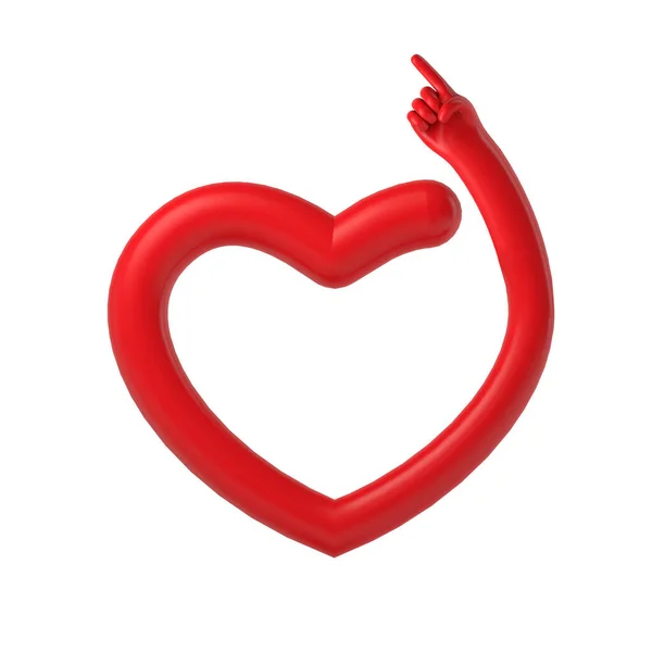 Κόκκινη καρδιά περίγραμμα με ένα χέρι που δείχνει. 3D απόδοση — Φωτογραφία Αρχείου