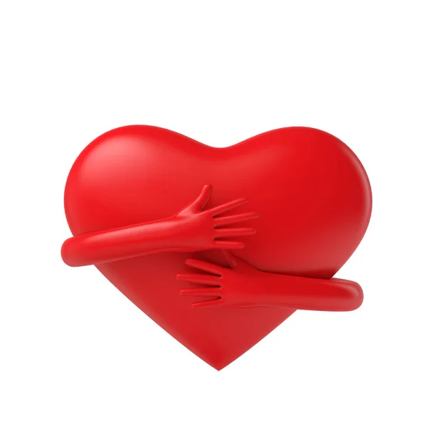 Krama hjärtat isolerat på vitt. Armarna lindade runt ett hjärta. 3D-Render — Stockfoto