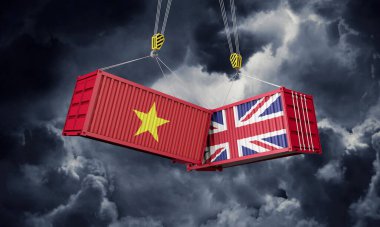İngiltere ve Vietnam ticaret anlaşması. Çarpışan kargo konteynerleri. 3B Hazırlama