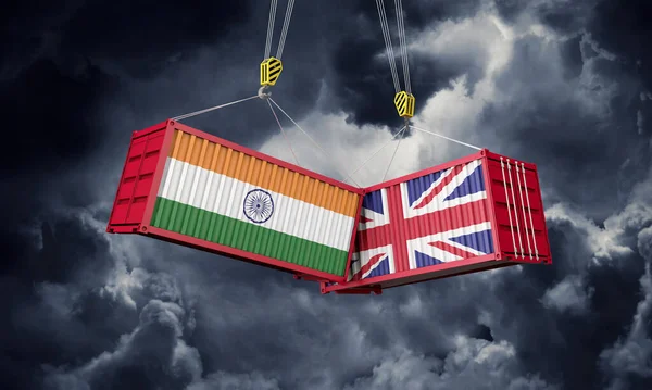 Egyesült Királyság és India üzleti kereskedelmi megállapodás. Összecsapó konténerek. 3D Render — Stock Fotó