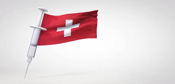Siringa di immunizzazione vaccinale con bandiera svizzera. Rendering 3D — Foto Stock