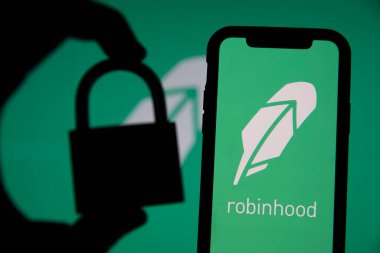LONDON, İngiltere - Ocak 2021: Robinhood asma kilitli finansal yatırım uygulaması