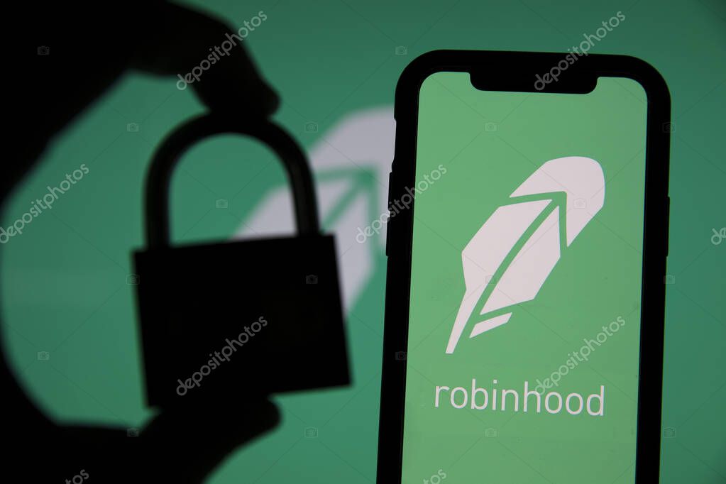 LONDON, UK - January 2021: Robinhood financial investing app with padlock.