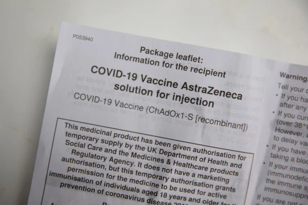 OXFORD, UK - February 2020: Astrazeneca covid vaccine information leaflet — 스톡 사진