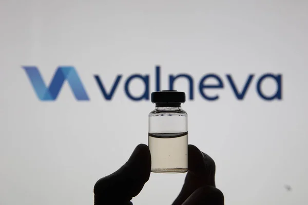 OXFORD, UK - February 2020: Valneva biotech logo with a covid vaccine bottle — 스톡 사진