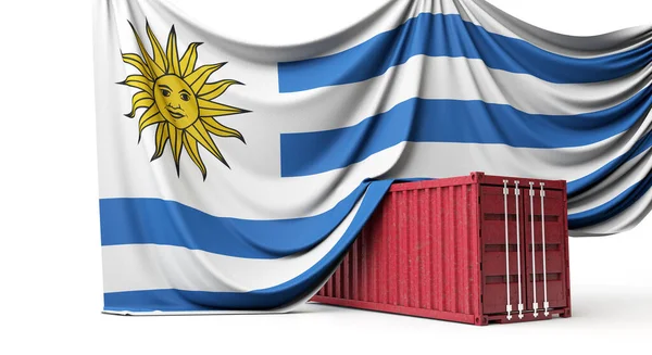 Bandeira do Uruguai coberta por um contêiner de transporte comercial. Renderização 3D — Fotografia de Stock