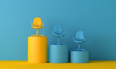 Podyumun üstünde bir ofis sandalyesi. Liderlik kavramı. 3B Hazırlama