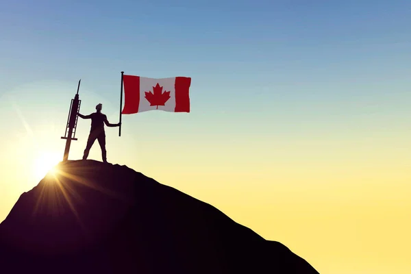 Kanadensiskt vaccin. Silhuett av person med flagga och spruta. 3D-återgivning — Stockfoto