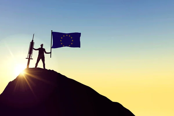 Europeiska unionens vaccin. Silhuett av person med flagga och spruta. 3D-återgivning — Stockfoto