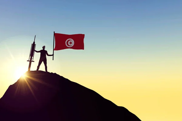 Tunisiskt vaccin. Silhuett av person med flagga och spruta. 3D-återgivning — Stockfoto