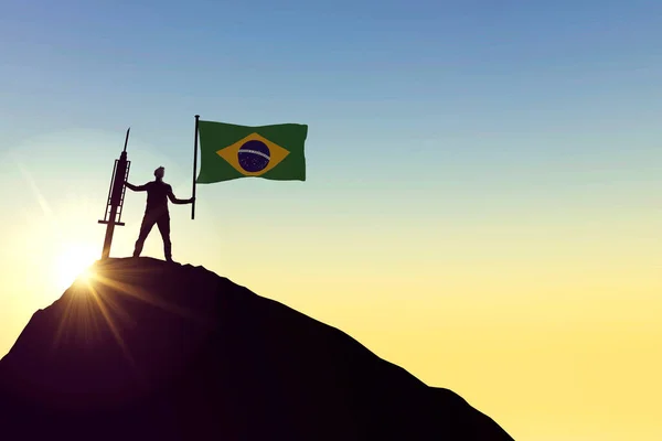 Brasilien vaccin. Silhuett av person med flagga och spruta. 3D-återgivning — Stockfoto