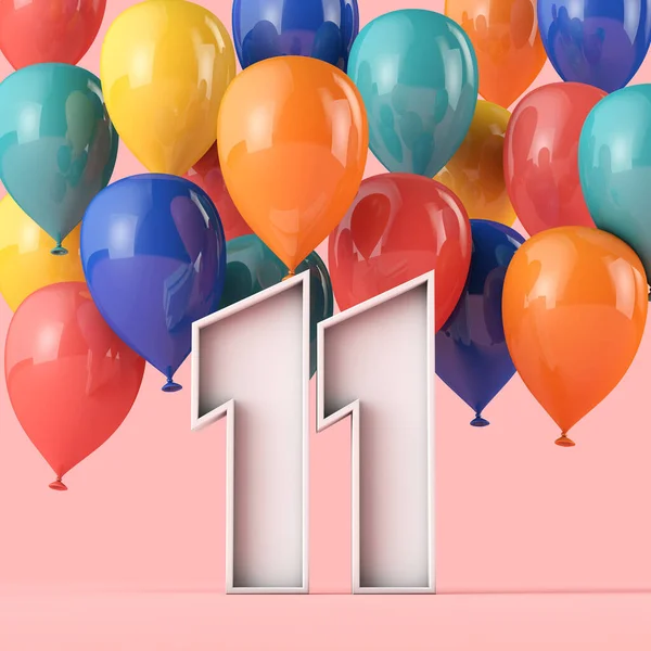 Glad 11: e födelsedag bakgrund med färgglada ballonger. 3D-återgivning — Stockfoto