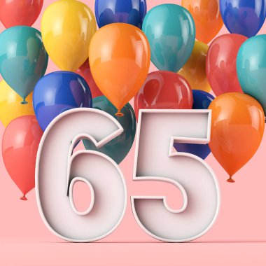 Renkli balonlarla dolu 65. yaş günün kutlu olsun. 3B Hazırlama