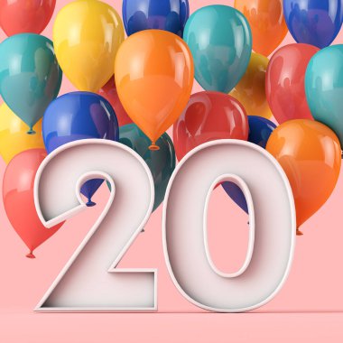 Renkli balonlarla 20. yaş günün kutlu olsun. 3B Hazırlama