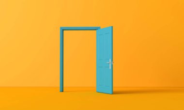 Açık bir kapının 3 boyutlu görüntüsü. İş fırsatı kavramı