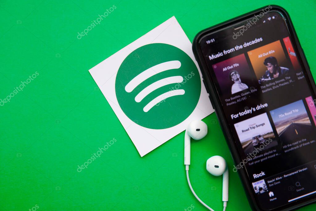LONDON, UK - March 2021: Spotify music and audio streaming service logo.