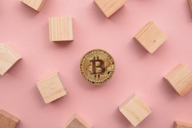 Bitcoin kripto para zinciri engelleme teknolojisi konsepti. Tahta bloklu sikke