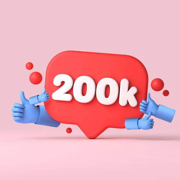 200.000 Follower in den sozialen Medien zeigen Daumen hoch. 3D-Rendering — Stockfoto