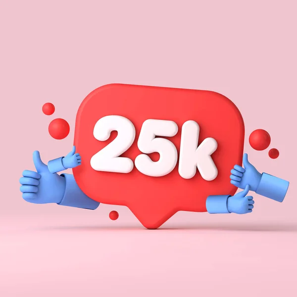 25 mil seguidores banner mídia social polegares para cima. Renderização 3D — Fotografia de Stock