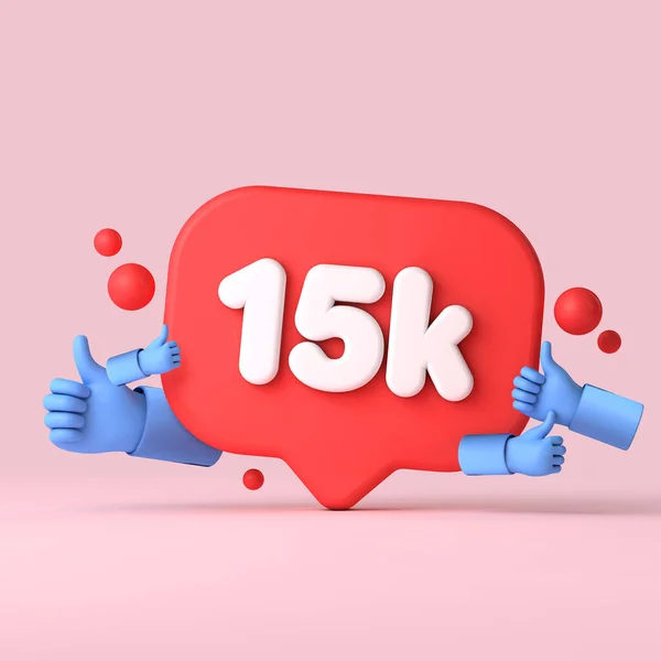 15 mil seguidores banner de redes sociales pulgares hacia arriba. Renderizado 3D — Foto de Stock