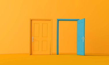 Açık bir kapının 3 boyutlu görüntüsü. İş fırsatı kavramı