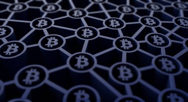 Bitcoin kripto para birimi sembolü engelleme teknolojisi arka planı. 3B Hazırlama
