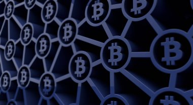 Bitcoin kripto para birimi sembolü engelleme teknolojisi arka planı. 3B Hazırlama