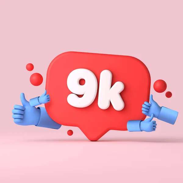 9 thousand followers social media banner thumbs up. 3D Rendering
