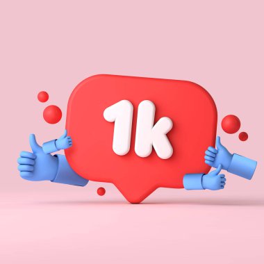 1 thousand followers social media banner thumbs up. 3D Rendering clipart